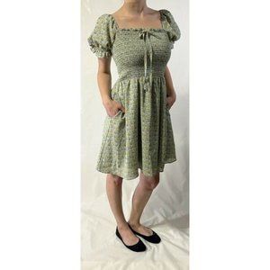 Melloday Smocked Floral Print Green Dress With Pockets - Size S Small